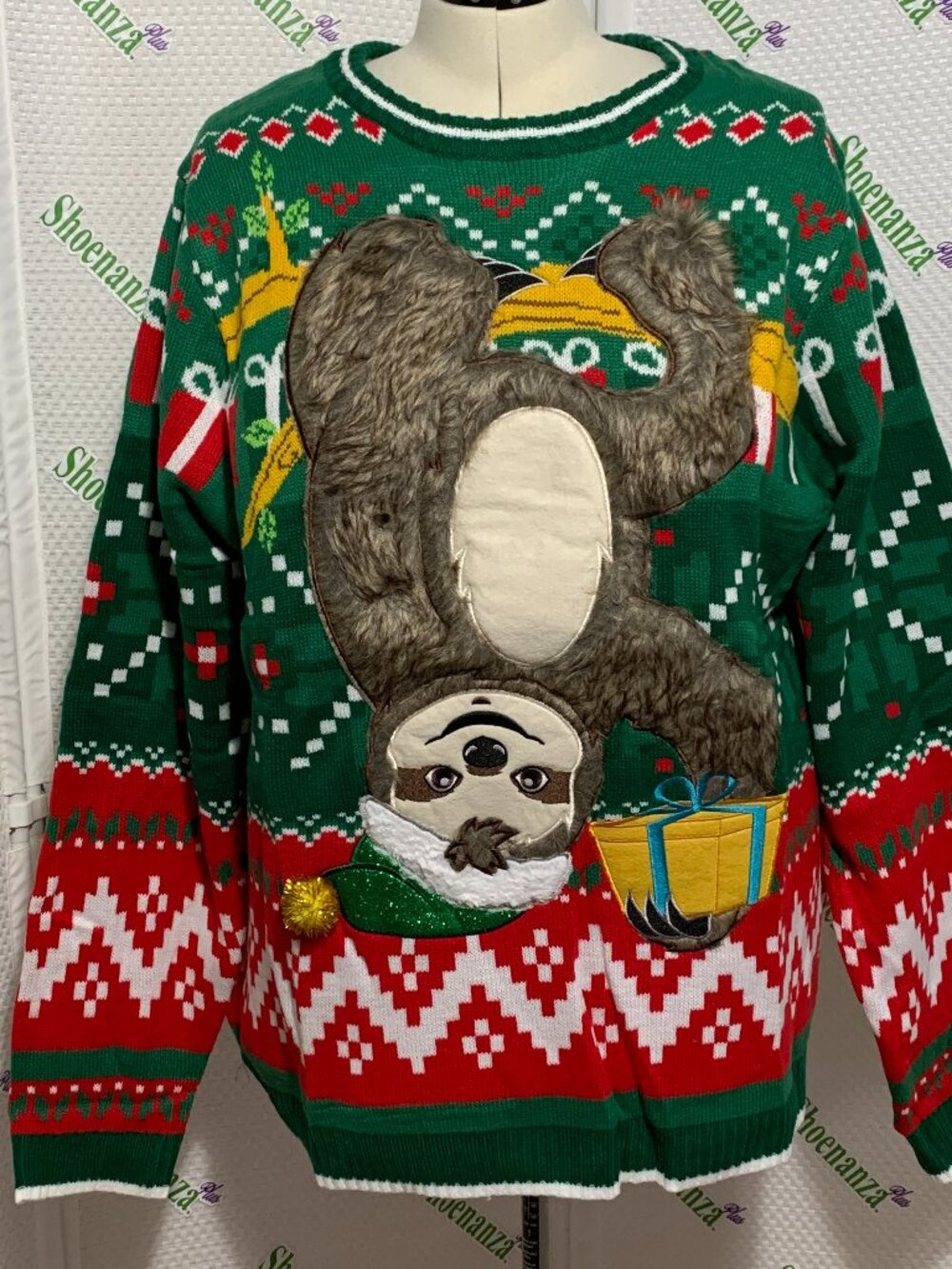 Ugly Christmas Sweater Hanging Sloth Santa Hat Present Snowflake MENS Womens 3XL